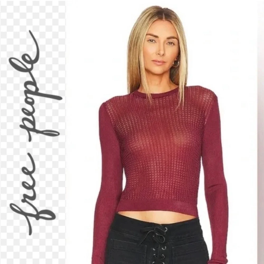 Free People NWT H20 Crew Neck Pullover Sheer Long Sleeve Mesh Raw Garnet